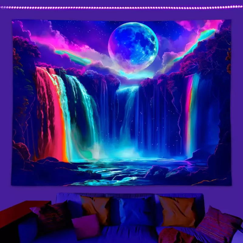 Vibrant Waterfall Night Landscape UV Responsive Tapestry - Vivid Setups