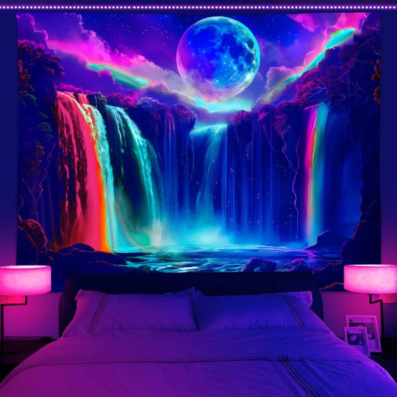 Vibrant Waterfall Night Landscape UV Responsive Tapestry - Vivid Setups