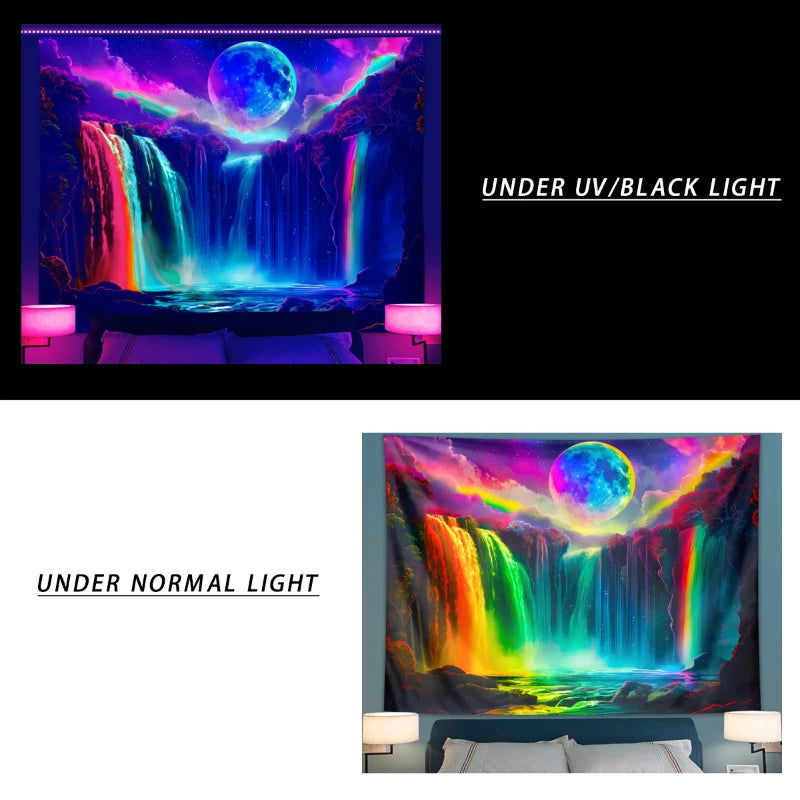 Vibrant Waterfall Night Landscape UV Responsive Tapestry - Vivid Setups