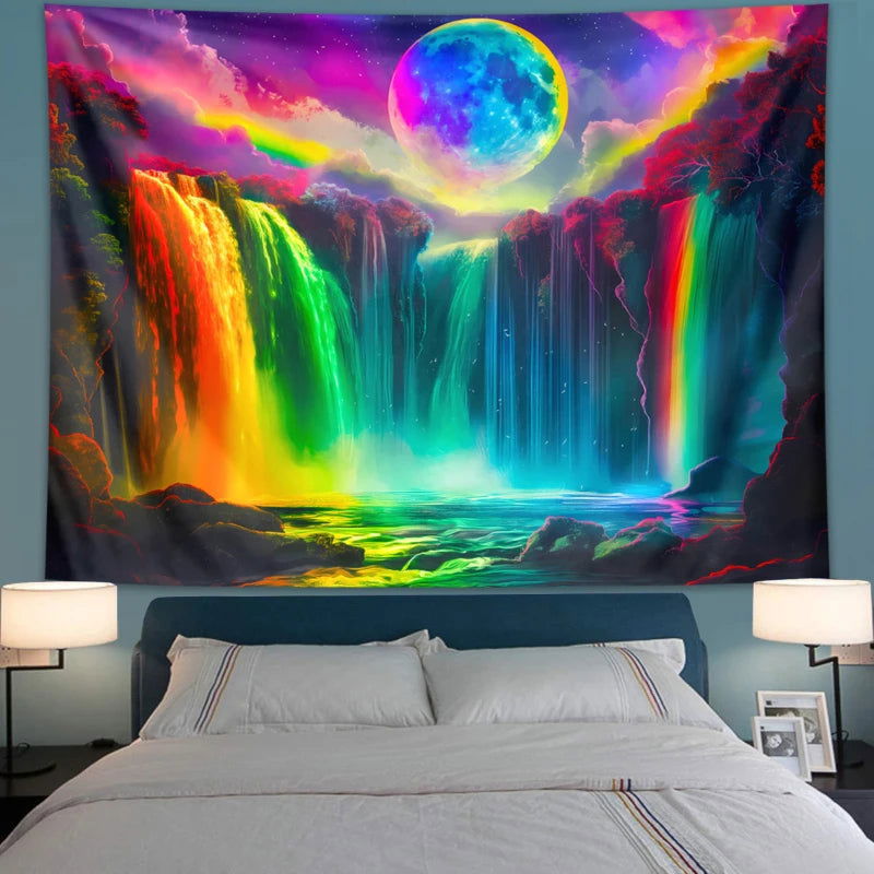 Vibrant Waterfall Night Landscape UV Responsive Tapestry - Vivid Setups