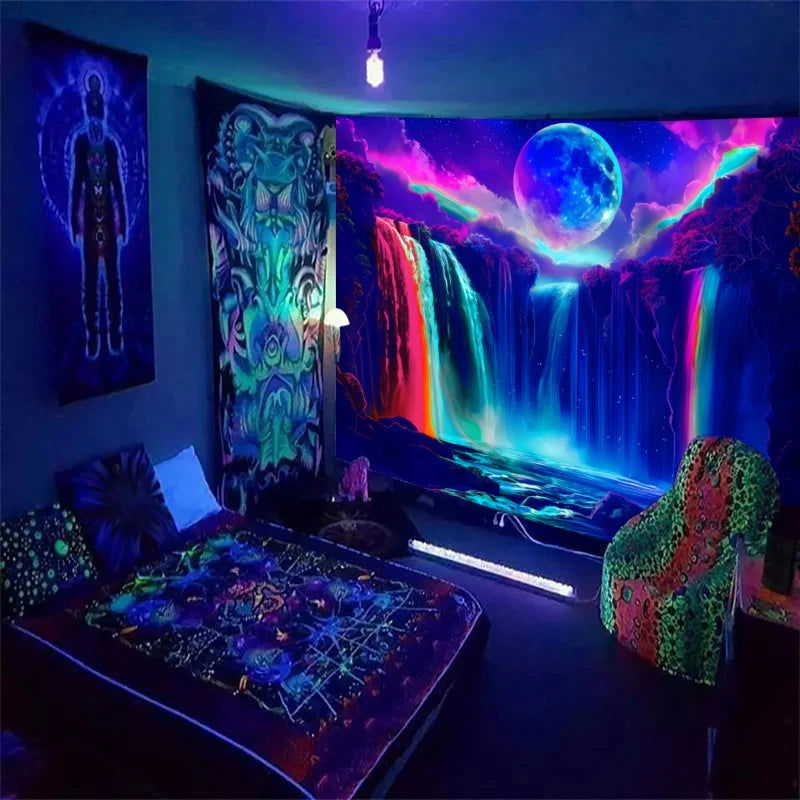 Vibrant Waterfall Night Landscape UV Responsive Tapestry - Vivid Setups